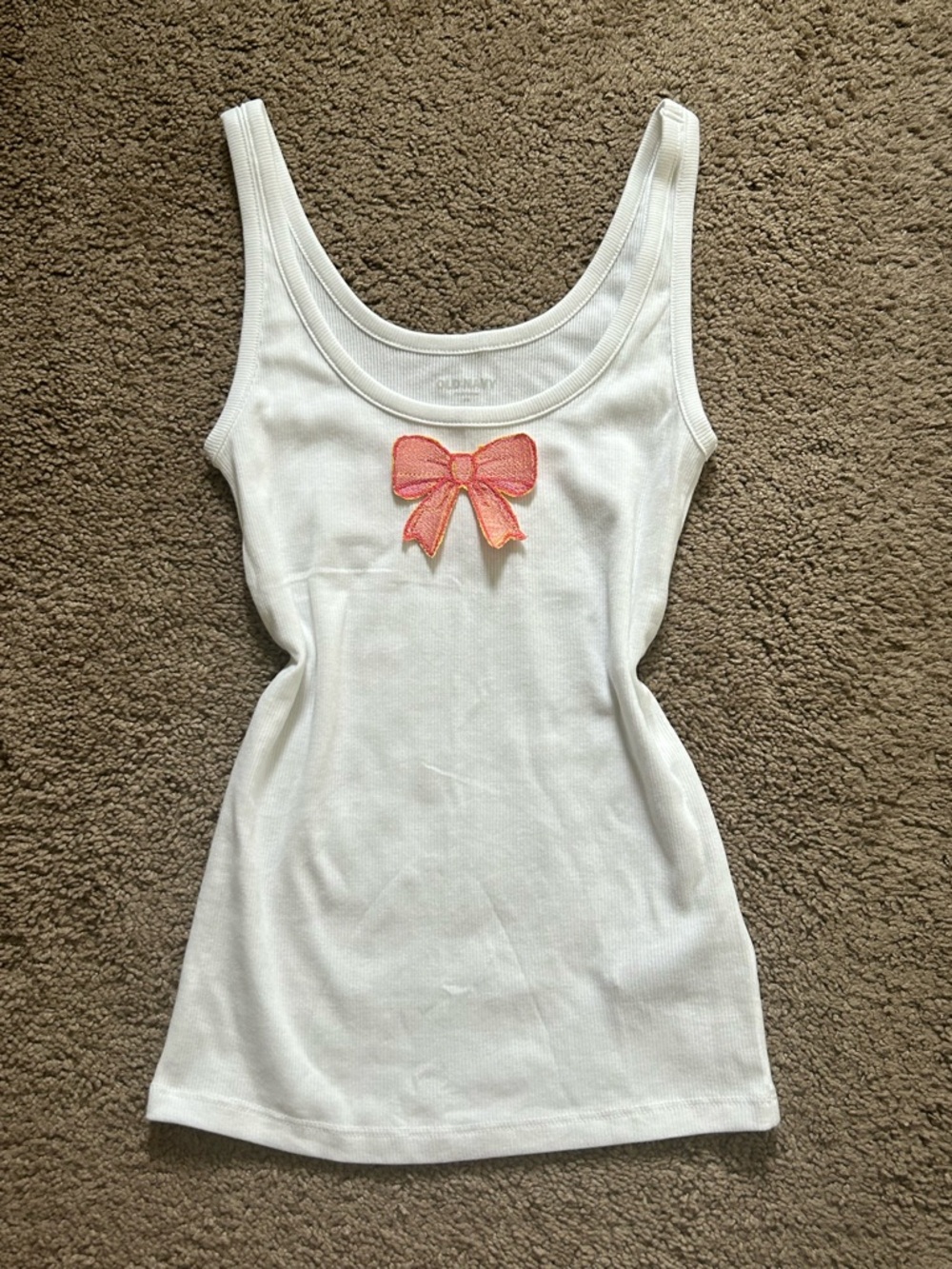 White Ribbed Tank Top with Pink Bow Patch